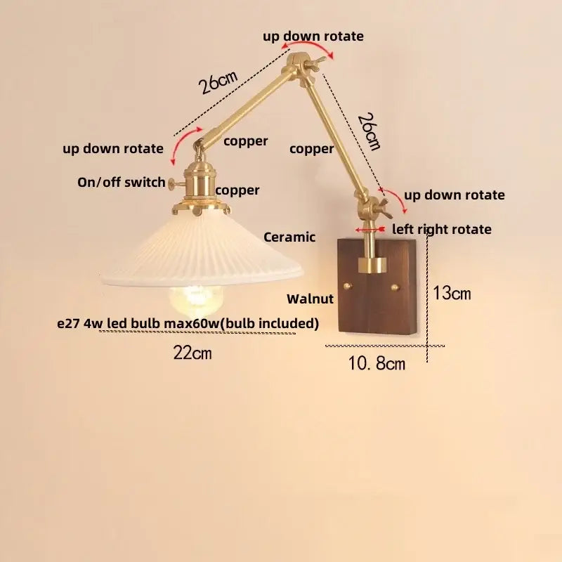 Adjustable copper wall sconce with ribbed ceramic shade and walnut plate for decorbites cube glass led bedroom mirror light