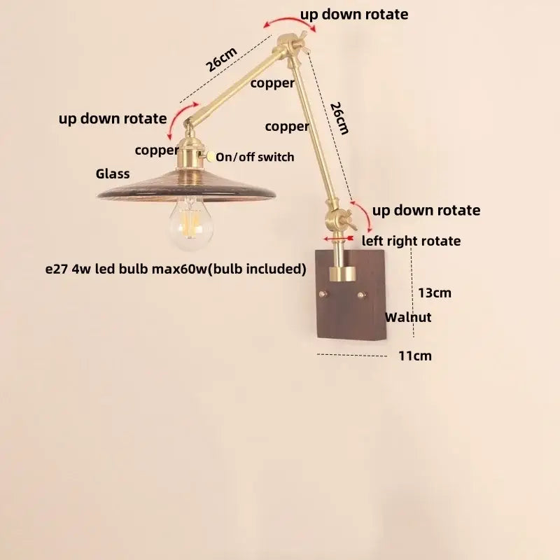 Adjustable copper wall sconce with glass shade and walnut base for decorbites cube glass led bedroom mirror light
