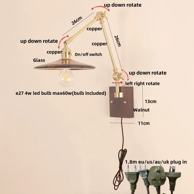 Adjustable copper-arm wall sconce with glass shade and walnut base for bedroom mirror light decorbites cube glass led design