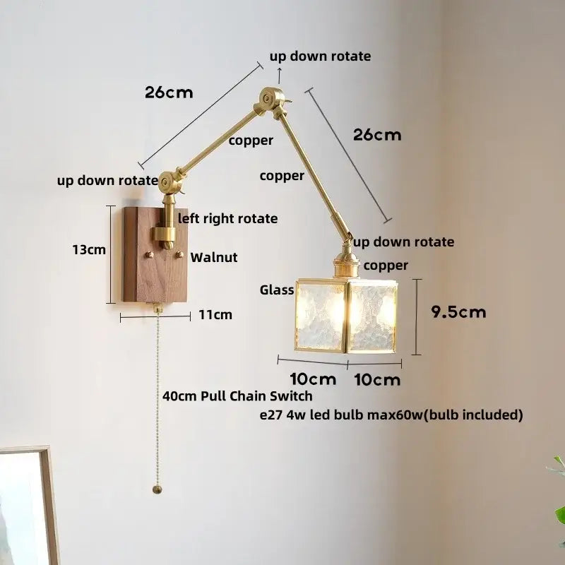 Adjustable copper wall sconce with walnut wood base and frosted glass shade for decorbites cube glass led lighting