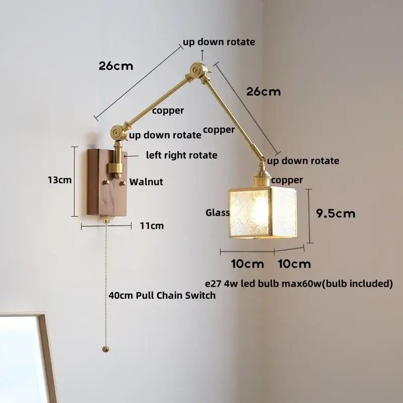 Adjustable copper wall sconce with walnut base and frosted glass cube shade for decorbites cube glass led bedroom light