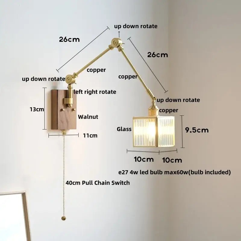 Adjustable copper wall sconce with walnut base and ribbed glass shade for bedroom decorbites cube glass led light