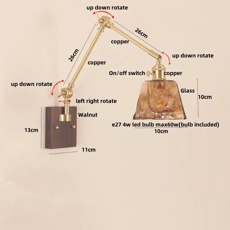 Adjustable copper wall sconce with walnut base and amber glass shade for decorbites cube glass led bedroom mirror light