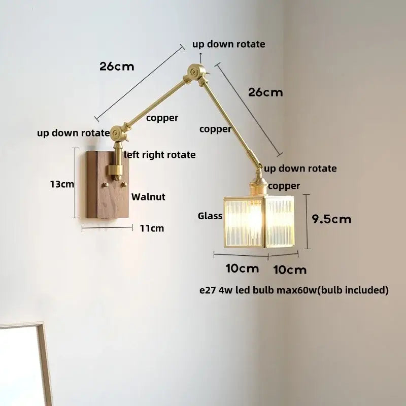 Adjustable copper wall sconce with walnut base and ribbed glass shade for decorbites cube glass led bedroom mirror light