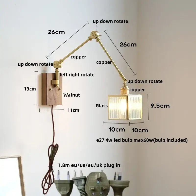 Adjustable copper wall sconce with walnut base and glass shade for decorbites cube glass led bedroom mirror light