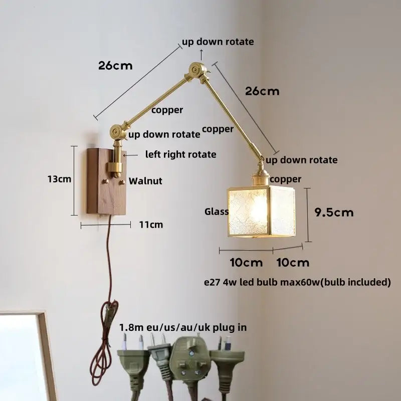 Adjustable copper wall sconce with walnut base and frosted glass shade for decorbites cube glass led bedroom lighting