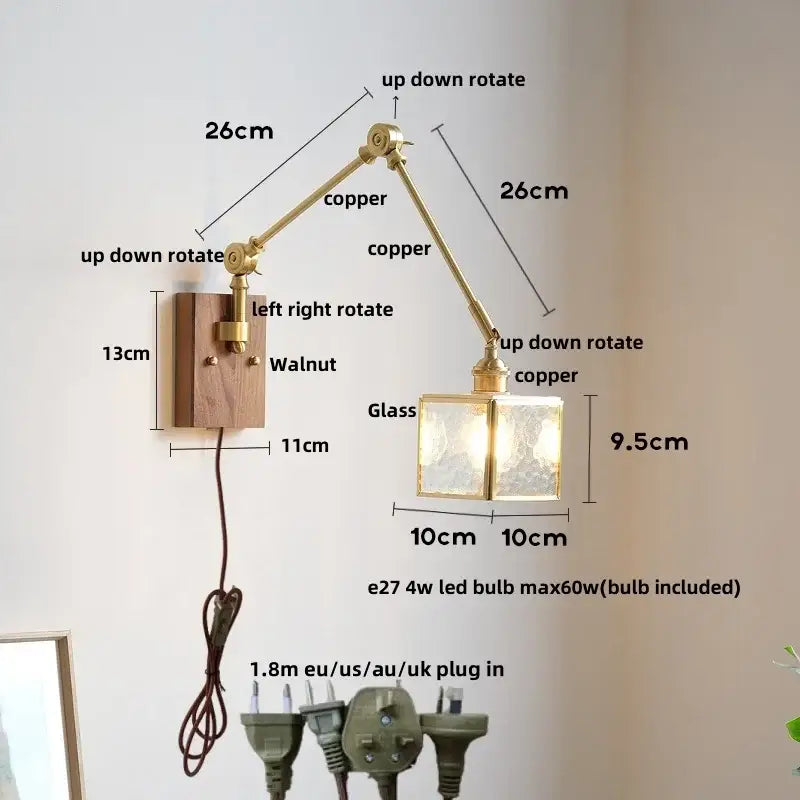 Adjustable copper wall sconce with walnut base and frosted glass shade for decorbites cube glass led bedroom mirror light