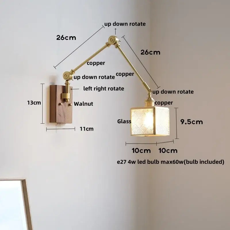 Adjustable copper wall sconce with walnut base and frosted glass shade for decorbites cube glass led bedroom mirror light