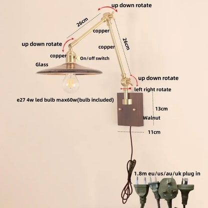 Adjustable copper-arm wall sconce with glass shade and walnut base for decorbites cube glass led bedroom mirror light