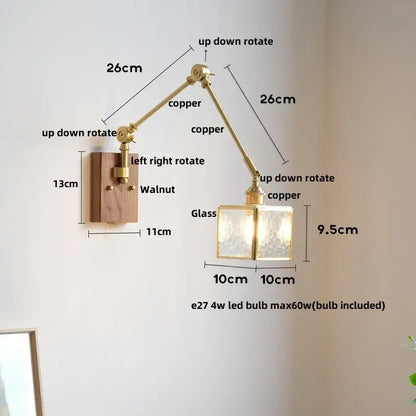 Adjustable copper wall sconce with walnut base textured glass shade for bedroom mirror light decorbites cube glass led