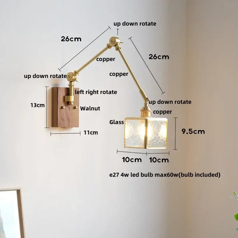 Adjustable copper wall sconce with walnut base textured glass shade for bedroom mirror light decorbites cube glass led