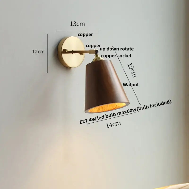 Walnut and brass wall sconce with copper finish, adjustable rotating socket, and pull chain switch for bedroom lighting