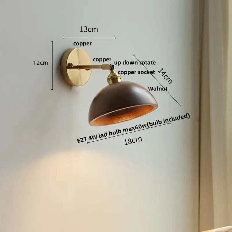 Walnut and brass wall sconce with copper finish dark walnut shade adjustable rotation and pull chain switch for bedroom lighting