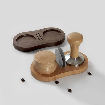 Light wood espresso tamper and portafilter holder set with dark brown tray for tamping station decorbites espresso use