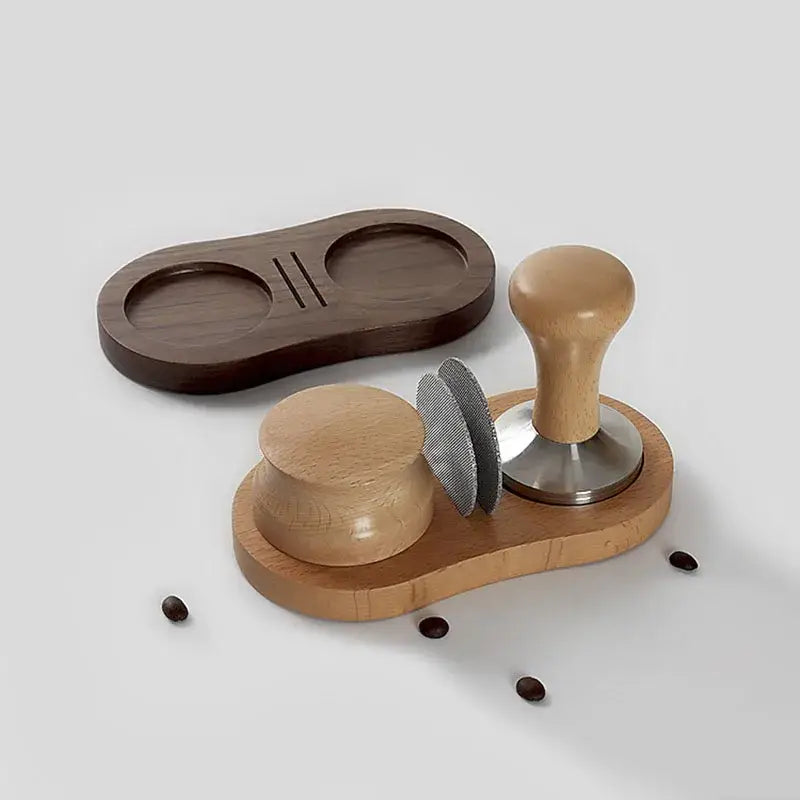 Light wood espresso tamper and portafilter holder set with dark brown tray for tamping station decorbites espresso use