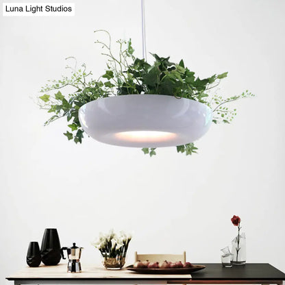 Warehouse Donut Pendant Light in White with Green Vine Deco - Metallic Suspension Lighting