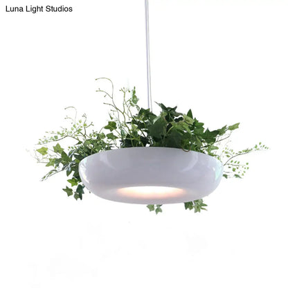 Warehouse Donut Pendant Light in White with Green Vine Deco - Metallic Suspension Lighting