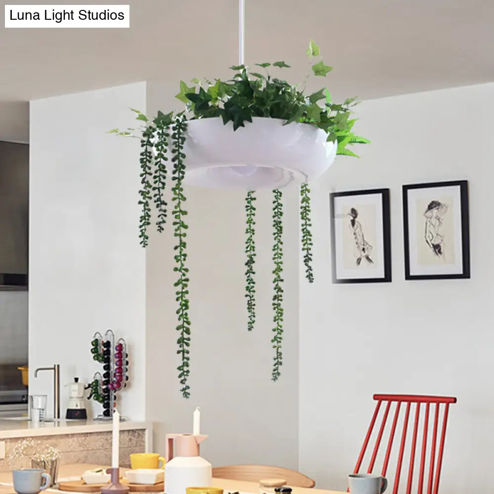 Warehouse Donut Pendant Light in White with Green Vine Deco - Metallic Suspension Lighting