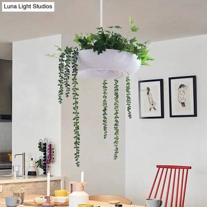 Warehouse Donut Pendant Light in White with Green Vine Deco - Metallic Suspension Lighting