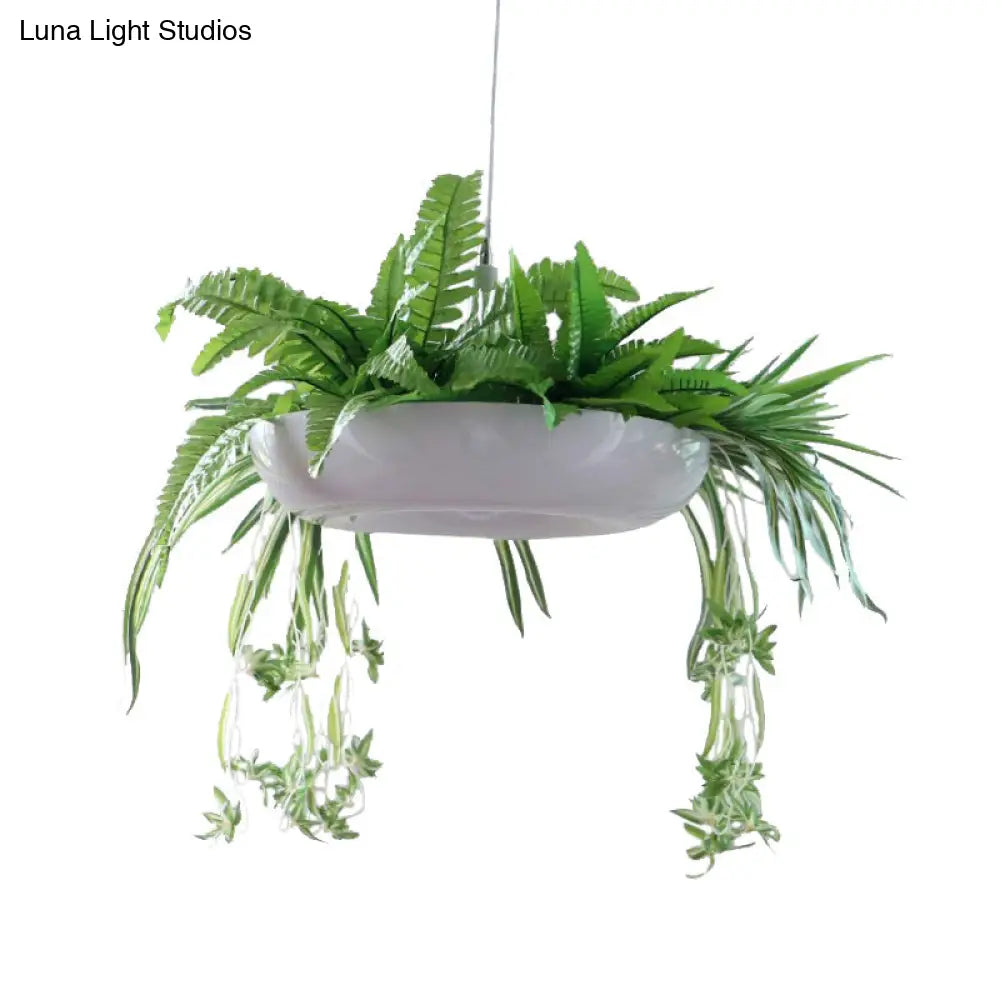 Warehouse Donut Pendant Light in White with Green Vine Deco - Metallic Suspension Lighting