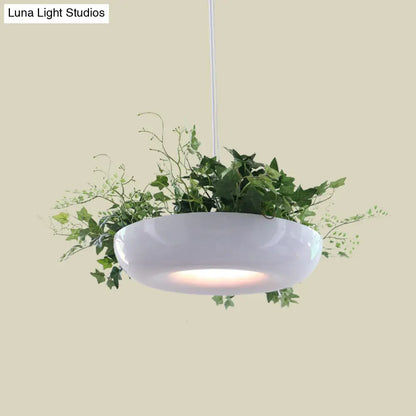 Warehouse Donut Pendant Light in White with Green Vine Deco - Metallic Suspension Lighting