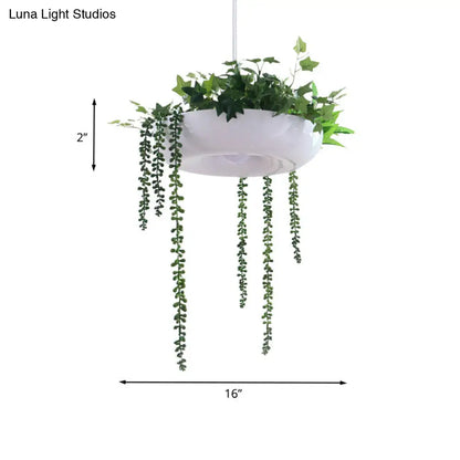 Warehouse Donut Pendant Light in White with Green Vine Deco - Metallic Suspension Lighting