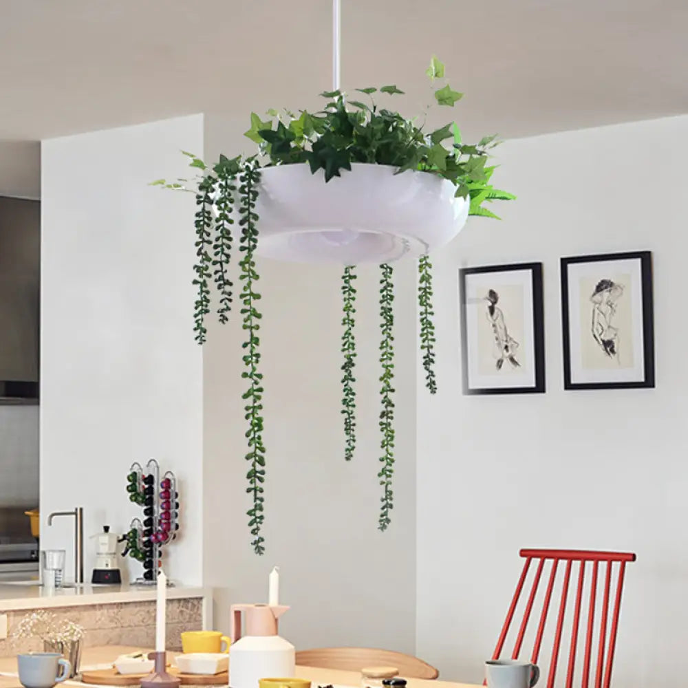 Warehouse Donut Pendant Light in White with Green Vine Deco - Metallic Suspension Lighting