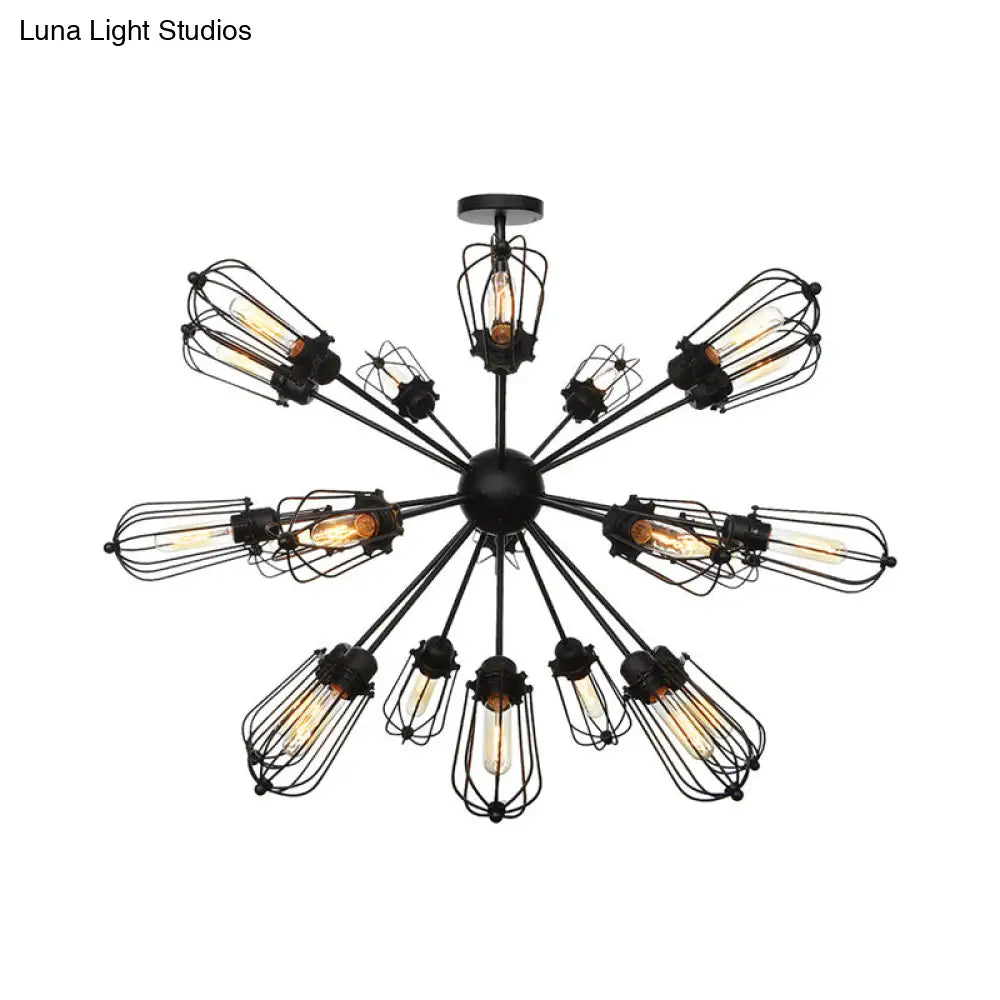 Warehouse Style Metal Bulb Cage Chandelier - Black Hanging Lamp with 9/12/15 Heads for Living Room Lighting