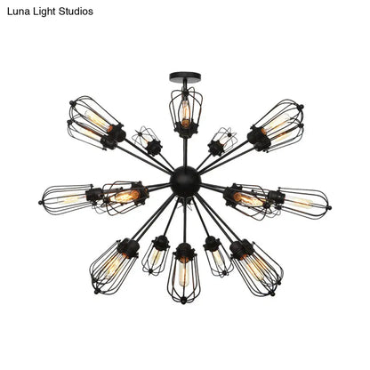 Warehouse Style Metal Bulb Cage Chandelier - Black Hanging Lamp with 9/12/15 Heads for Living Room Lighting
