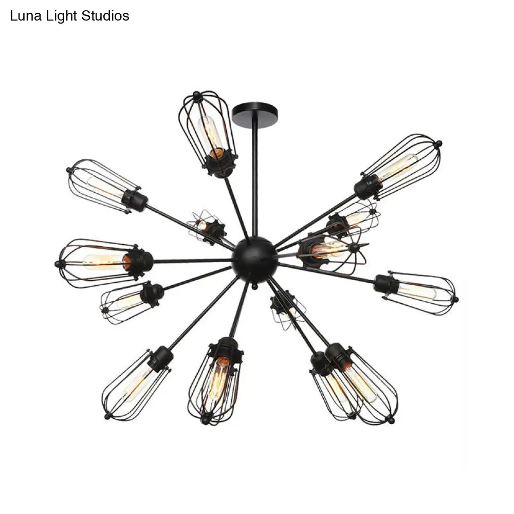 Warehouse Style Metal Bulb Cage Chandelier - Black Hanging Lamp with 9/12/15 Heads for Living Room Lighting