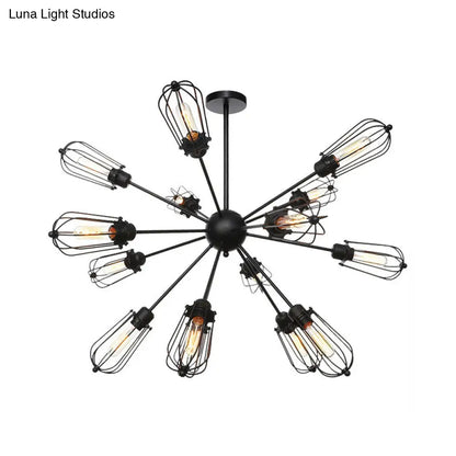 Warehouse Style Metal Bulb Cage Chandelier - Black Hanging Lamp with 9/12/15 Heads for Living Room Lighting