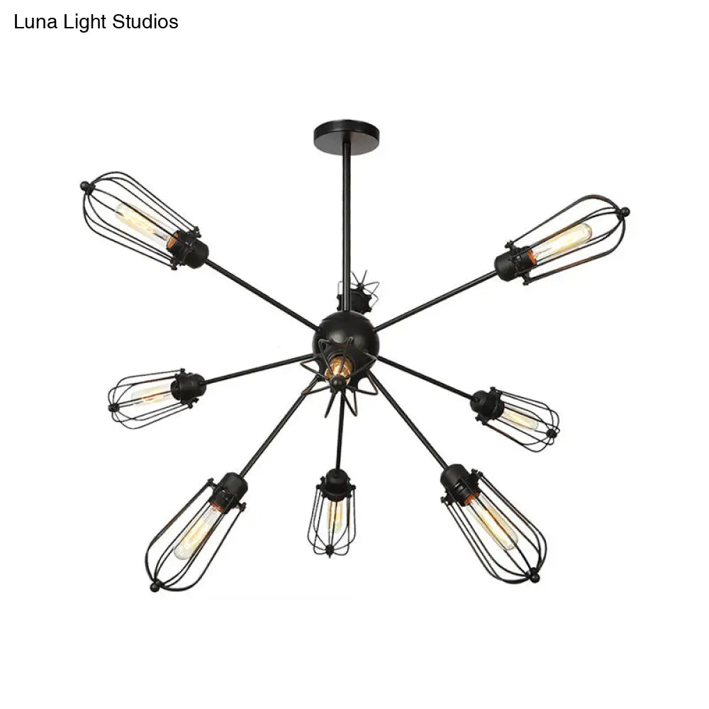 Warehouse Style Metal Bulb Cage Chandelier - Black Hanging Lamp with 9/12/15 Heads for Living Room Lighting