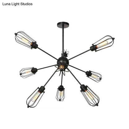 Warehouse Style Metal Bulb Cage Chandelier - Black Hanging Lamp with 9/12/15 Heads for Living Room Lighting