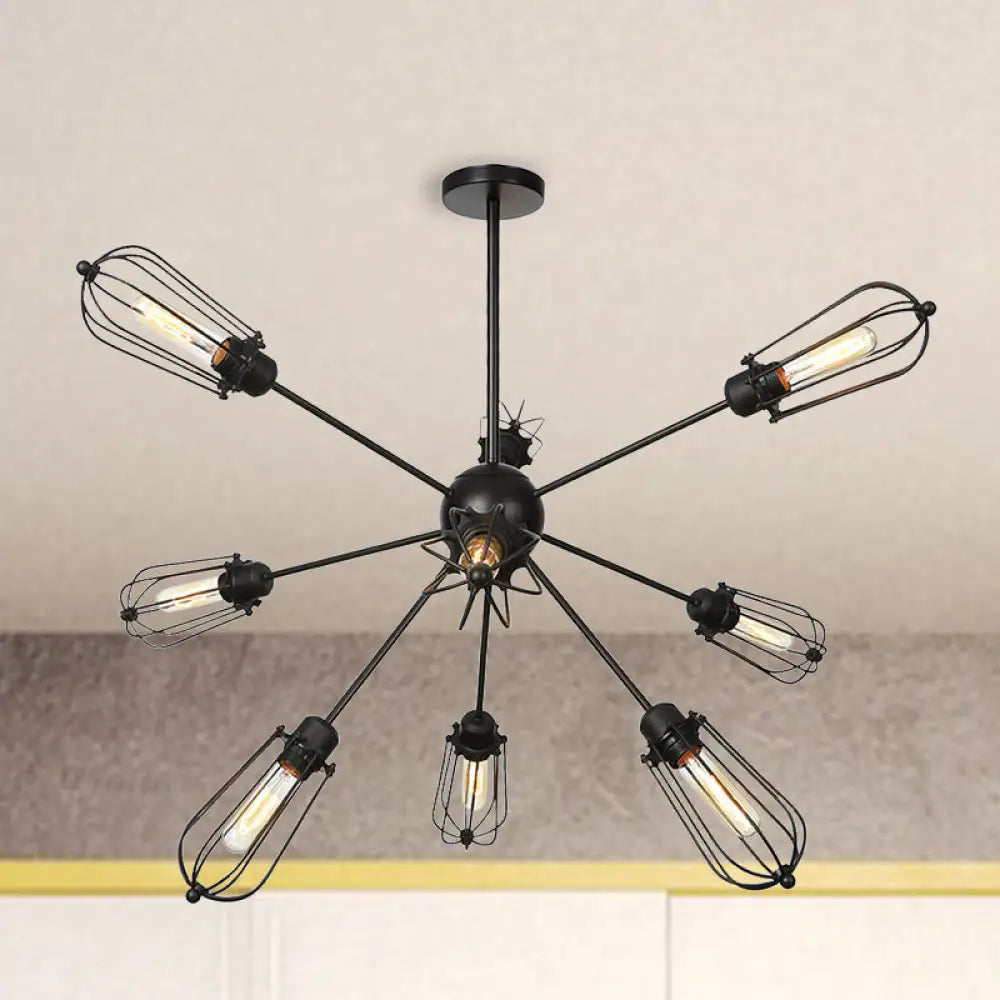 Warehouse Style Metal Bulb Cage Chandelier - Black Hanging Lamp with 9/12/15 Heads for Living Room Lighting