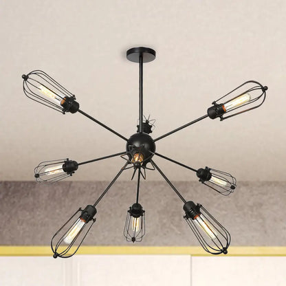 Warehouse Style Metal Bulb Cage Chandelier - Black Hanging Lamp with 9/12/15 Heads for Living Room Lighting