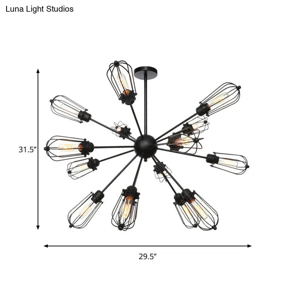 Warehouse Style Metal Bulb Cage Chandelier - Black Hanging Lamp with 9/12/15 Heads for Living Room Lighting