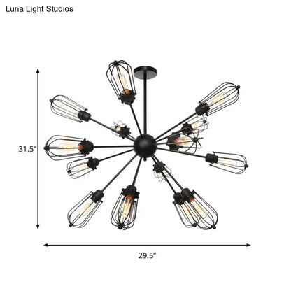 Warehouse Style Metal Bulb Cage Chandelier - Black Hanging Lamp with 9/12/15 Heads for Living Room Lighting