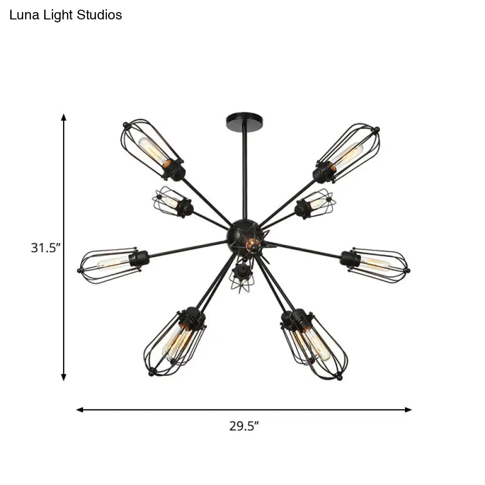 Warehouse Style Metal Bulb Cage Chandelier - Black Hanging Lamp with 9/12/15 Heads for Living Room Lighting