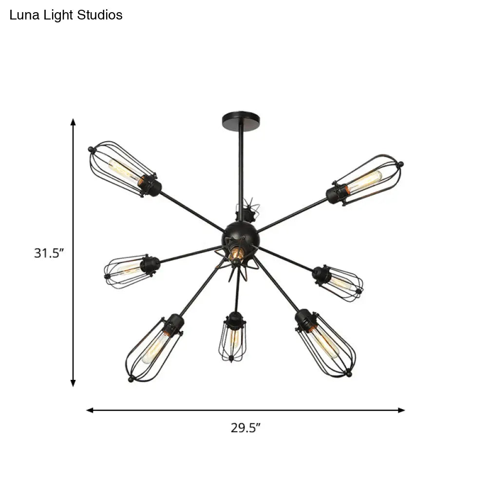 Warehouse Style Metal Bulb Cage Chandelier - Black Hanging Lamp with 9/12/15 Heads for Living Room Lighting