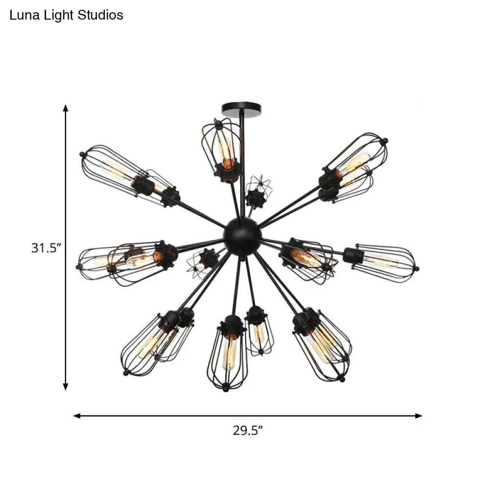 Warehouse Style Metal Bulb Cage Chandelier - Black Hanging Lamp with 9/12/15 Heads for Living Room Lighting