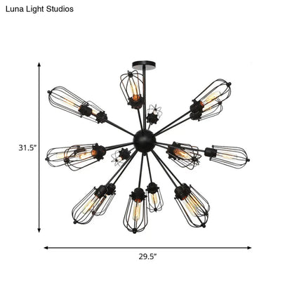 Warehouse Style Metal Bulb Cage Chandelier - Black Hanging Lamp with 9/12/15 Heads for Living Room Lighting
