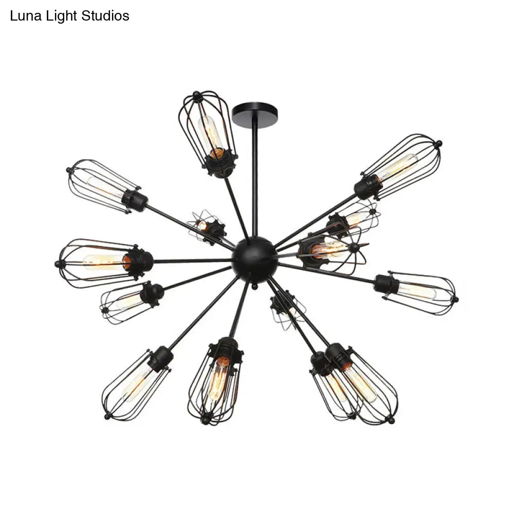 Warehouse Style Metal Bulb Cage Chandelier - Black Hanging Lamp with 9/12/15 Heads for Living Room Lighting