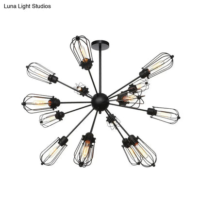 Warehouse Style Metal Bulb Cage Chandelier - Black Hanging Lamp with 9/12/15 Heads for Living Room Lighting