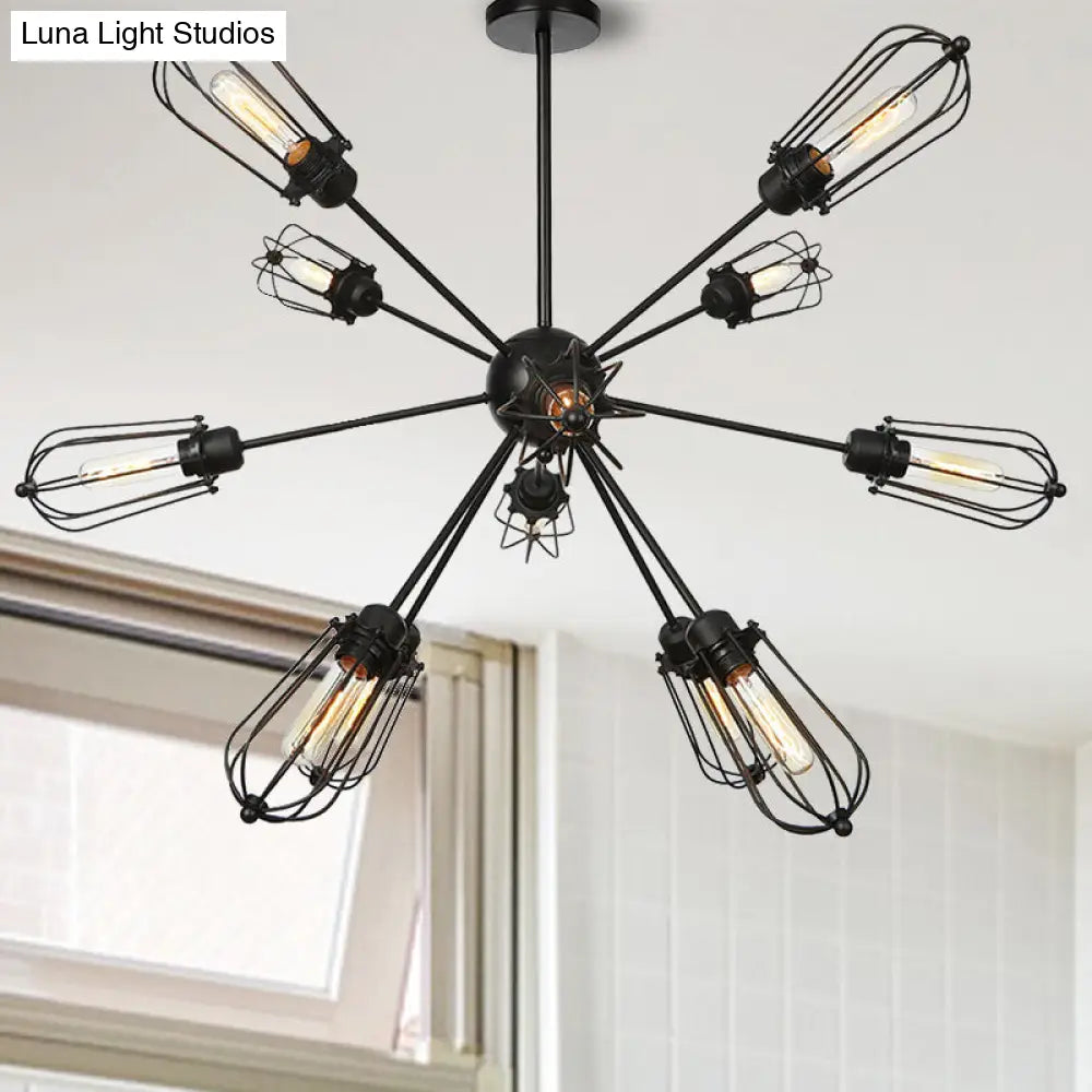Warehouse Style Metal Bulb Cage Chandelier - Black Hanging Lamp with 9/12/15 Heads for Living Room Lighting