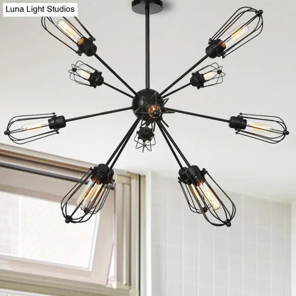 Warehouse Style Metal Bulb Cage Chandelier - Black Hanging Lamp with 9/12/15 Heads for Living Room Lighting