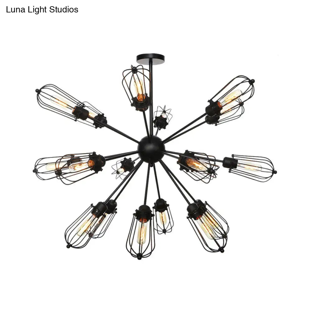 Warehouse Style Metal Bulb Cage Chandelier - Black Hanging Lamp with 9/12/15 Heads for Living Room Lighting