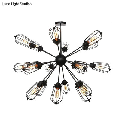 Warehouse Style Metal Bulb Cage Chandelier - Black Hanging Lamp with 9/12/15 Heads for Living Room Lighting