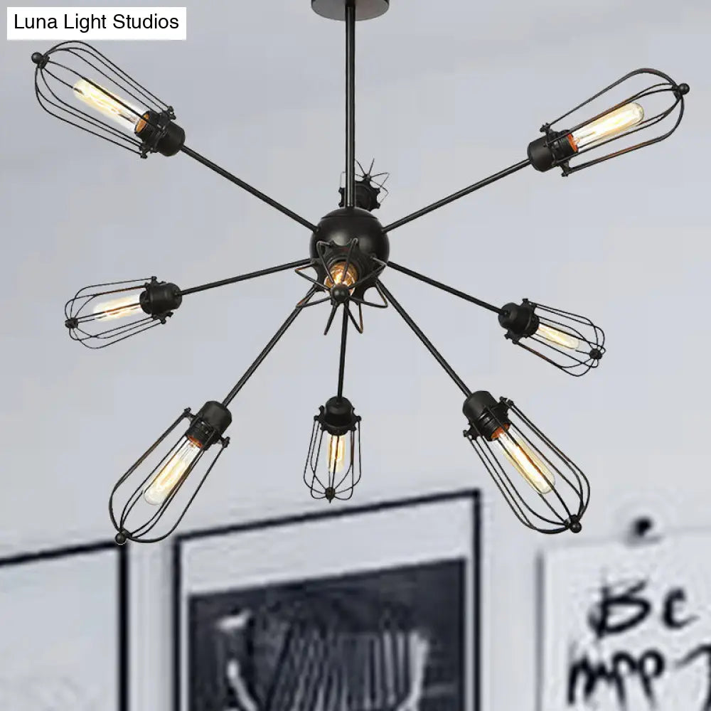 Warehouse Style Metal Bulb Cage Chandelier - Black Hanging Lamp with 9/12/15 Heads for Living Room Lighting