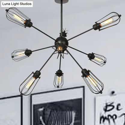 Warehouse Style Metal Bulb Cage Chandelier - Black Hanging Lamp with 9/12/15 Heads for Living Room Lighting