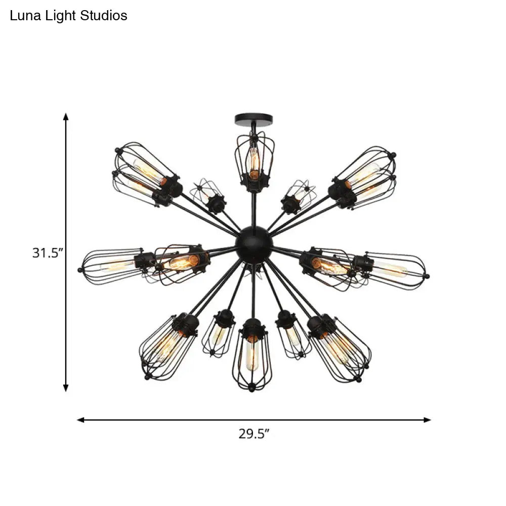 Warehouse Style Metal Bulb Cage Chandelier - Black Hanging Lamp with 9/12/15 Heads for Living Room Lighting